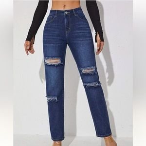 Dark wash denim ripped jeans